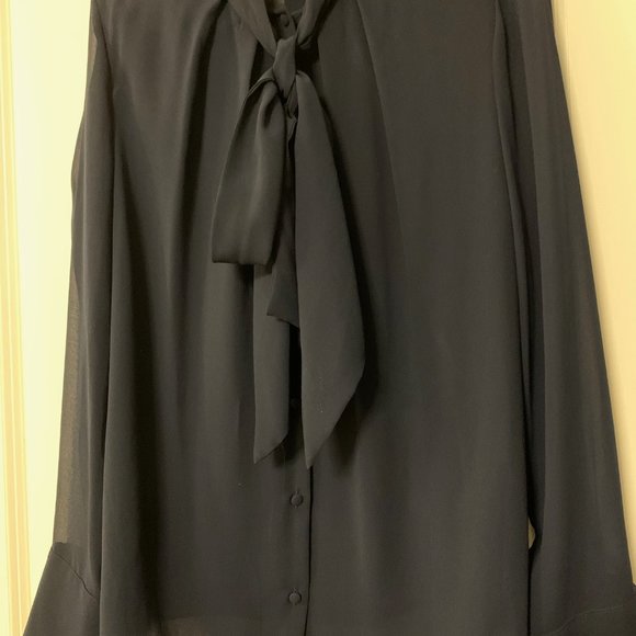 Zara Trafaluc Navy Blue Tie-Neck Sheer Button-up Long-Sleeve Blouse (US Size L) - Picture 3 of 9